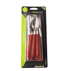 JUEGO DE CUBIERTOS 16 PIEZAS MANGO PLASTICO ROJO
