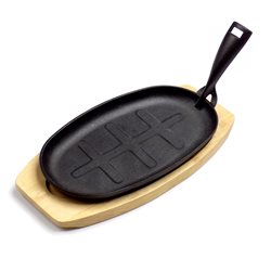 PLANCHA GRIL OVAL D28*19CM HIERRO C/BASE MADER