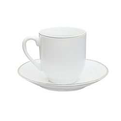 TAZA DE CAFE 90ML C/PLATO BLANCO C/BORDE PLATEADO