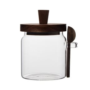 FRASCO VIDRIO C/CUCHARA Y TAPA MADERA D10x13.5CM