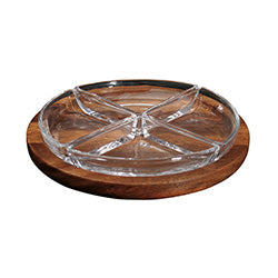 COPETINERO OVAL VIDRIO 4 DIVISIONES C/ BASE MADERA D23XH5CM
