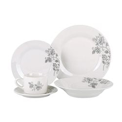 JUEGO DE VAJILLA PORCELANA 20 PZAS HOJAS GRISES