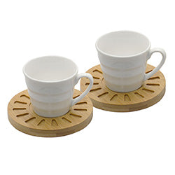 SET CAFE 2 TAZAS CERAMICA 150ML C/PLATO MADERA