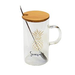 MUG 360ML VIDRIO/MADERA C/ CUCHARA DISEÑO SUMMER