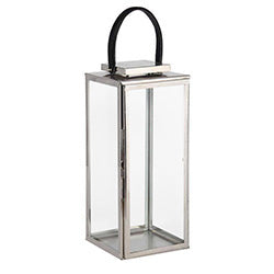 FAROL RECTANGULAR ACERO GRANDE C/ ASA CUERO 18X18X50CM