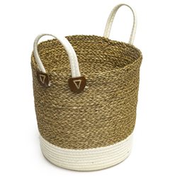 CESTO CON ASAS TEJIDO 26x28CM FRANJA BLANCA