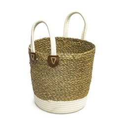 CESTO CON ASAS TEJIDO 22x24CM FRANJA BLANCA