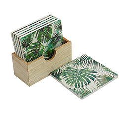 SET X6 POSAVASO CAJA MADERA "HOJAS". 10X10CM
