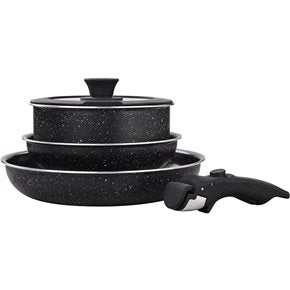 JUEGO BATERIA 5 PIEZAS MANGO DESMONTABLE CERAMICO NEGRO APTO INDUCCION