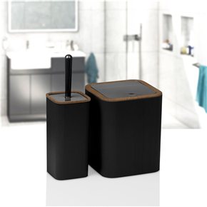 SET 2PCS BAÑO MINA PP/MADERA CUADRADO RAYAS NEGRO