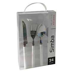 JUEGO DE CUBIERTOS 24 PIEZAS MANGO PLASTICO SIMBA BLANCO