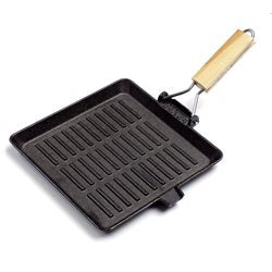 PLANCHA GRILL CUADRADA C/ MANGO MADERA HIERRO. 24x24CM