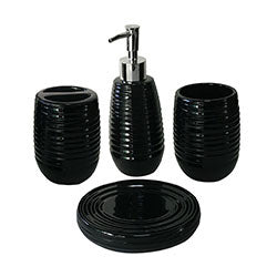 SET BAÑO 4 PIEZAS REDONDO TEXTURA AROS NEGRO