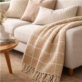 MANTA TEJIDA POLIESTER 125X150CM CUADROS BEIGE
