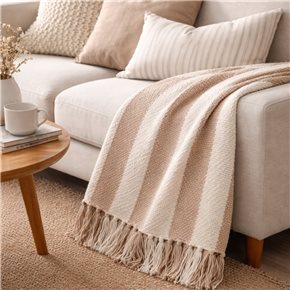 MANTA TEJIDA POLIESTER 125X150CM RAYAS BEIGE