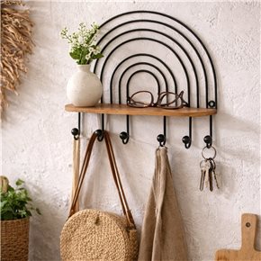 REPISA PERCHERO 6 COLGADORES METAL Y MADERA 40X40X8.5 CM