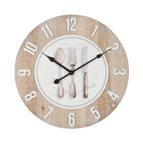 RELOJ DE PARED MDF D40X40X3.5CM CUBIERTOS FONDO BLANCO Y MADERA