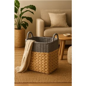 CESTO C/ASAS 27X27X25CM TEJ. CORDON PAPEL NAT/GRIS