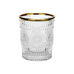 VASO VIDRIO LABRADO  BORDE DORADO 10X8CM  SOLES
