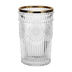 VASO VIDRIO 355ML LABRADO  BORDE DORADO  SOLES. 12.7X8.2CM