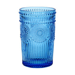 VASO VIDRIO LABRADO SOLES CELESTE.  12.7X8.2CM
