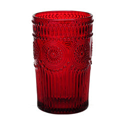 VASO VIDRIO 355 ML LABRADO ROJO SOLES.  13X8CM