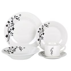 JUEGO DE VAJILLA PORCELANA 20 PZAS FLORES NEGRAS