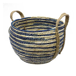 CESTO TEJIDO C/ ASAS  AZUL Y BLANCO. D30XH23CM