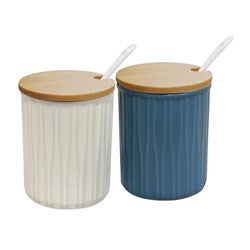 AZUCARERO/QUESERA CERAMICA C/CUCHARA Y TAPA MADERA