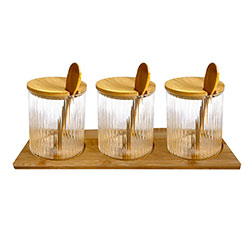 SET 3 FRASCOS C/CUCH D8x9.5CM VID.FACETADO/MADERA