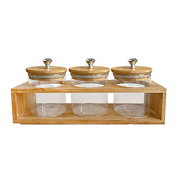 SET 3 FRASCOS C/TAPA D8x9.5CM VIDRIO/MADERA
