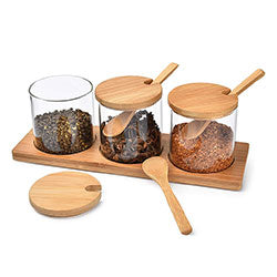 SET 3 FRASCOS C/CUCHARA D8x9.5CM VIDRIO/MADERA