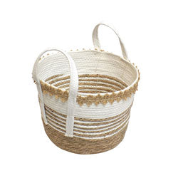 CESTO TEJIDO C/ASAS D24x19CM DISEÑO BLANCO/NATURAL