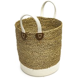 CESTO CON ASAS TEJIDO 30x30CM FRANJA BLANCA