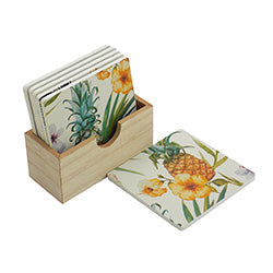SET X6 POSAVASO CAJA MADERA  "PIÑAS". 10X10CM