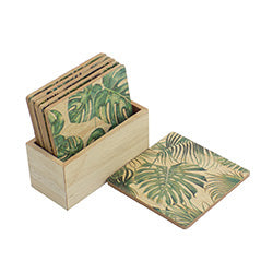 SET X6 POSAVASO CAJA MADERA "HOJA PALMERA". 10X10CM