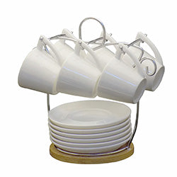 SET X6 TAZA CAFE 90ML C/ PLATO CERAM. C/ BASE MADERA