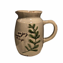 JARRA CERAMICA BEIGE C/ HOJAS VERDES. 18.5X13X18CM