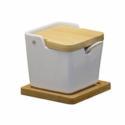 RECIPIENTE C/CUCHARA CERAMICA Y MADERA 10X10X9CM