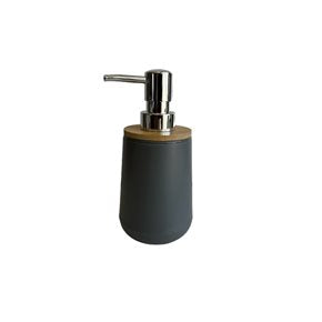 DISPENSADOR DE JABÓN EN PLÁSTICO Y MADERA GRIS