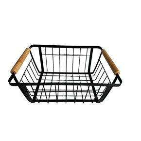 CESTO METAL CON ASA DE MADERA 28.5x21.5x12CM NEGRO