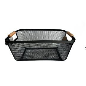 CESTO REJILLA C/ ASA DE MADERA 30x21x12.5CM NEGRO