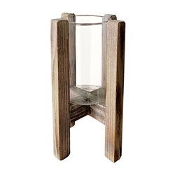 PORTAVELA DE VIDRIO 18x9CM BASE DE MADERA 28x15CM