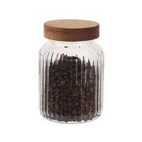 RECIPIENTE VIDRIO LABRADO C/TAPA MADERA 1000ML 11X11X16.5CM
