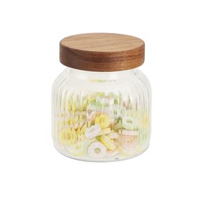 RECIPIENTE VIDRIO LABRADO C/TAPA MADERA 500ML 11X11X12.3CM
