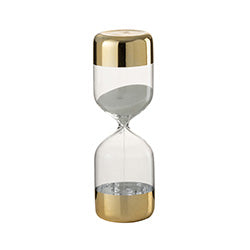RELOJ DE ARENA CILINDRICO C/BASE DORADA 6X6X21CM