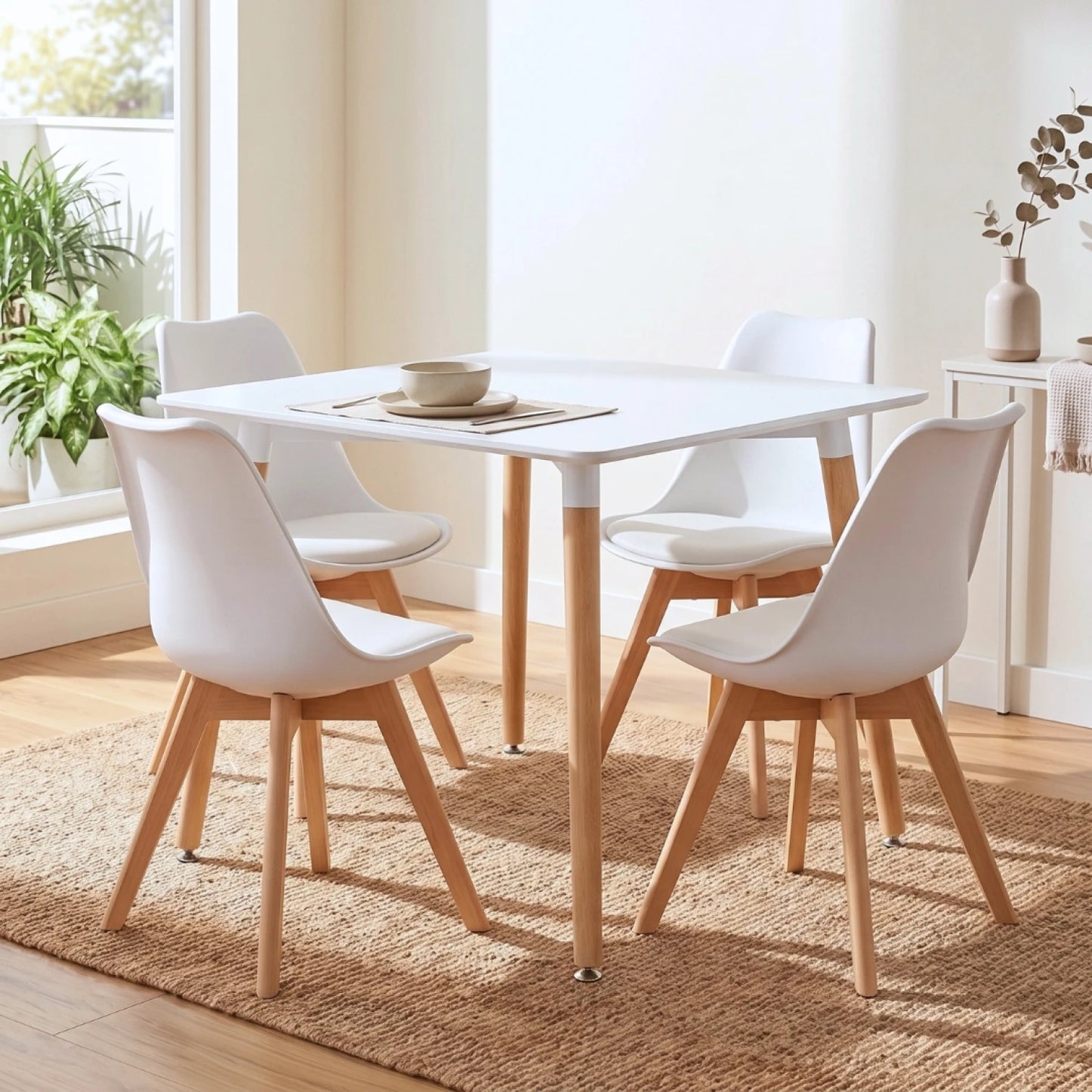 Juego de Comedor 4 Sillas Eames (acolchonadas) Cuadrada 80 - Blanco
