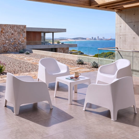 Silla de jardin Skarpo set de 4 apilables + mesa master-blanco
